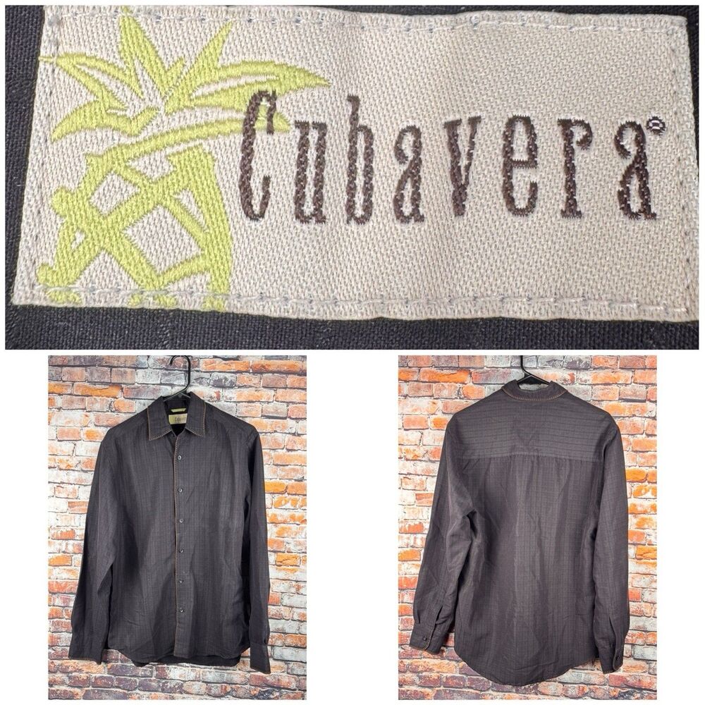 Cubavera Long Sleeve Shirt Small Rayon Blend Black Textured Orange Topstitching